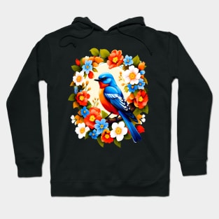 Cute Blue Bird Surrounded by Bold Vibrant Spring Flowers Hoodie